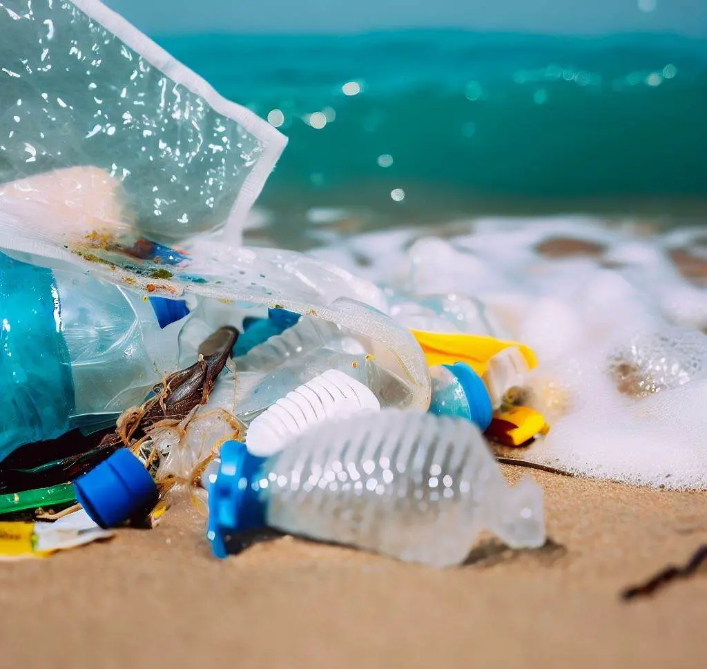 Plástico jogado nas margens do mar.